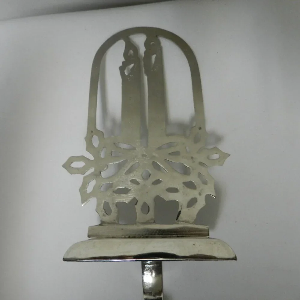 Vintage Candle Poinsettia Snowflake Christmas stocking holder hanger Silver tone